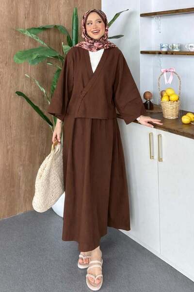 Şulemoda Giyim Linen Skirted Buttoned Suit Brown