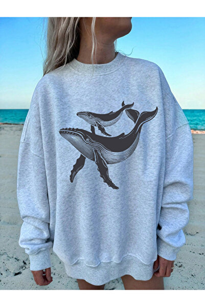 NOISSEY Μπλουζάκι με στάμπες Humpback Whales Φλις Ζεστό σπορ φούτερ με κουκού...