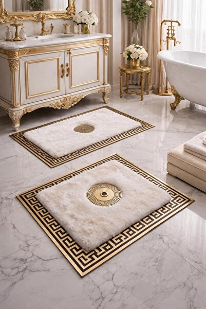 KRAL HOME Ekru renkli gold varaklı peluş banyo takımı