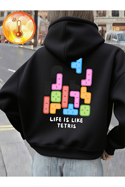 NOISSEY Life Is Like Tetris cu imprimeu cu glugă pentru femei, iarnă, polar h...