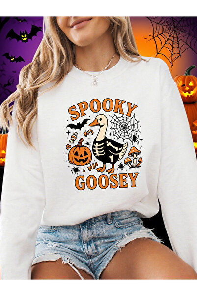 NOISSEY تي شيرت للهالوين بطباعة Spooky Goosey بغطاء رأس lar Loose صوف الفليس ...