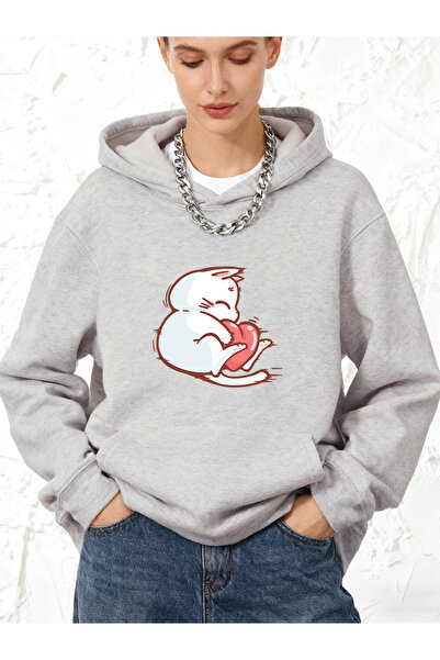 NOISSEY Red Heart Cat με τύπωμα με κουκούλα Φούτερ Βαμβάκι τεμαχίων Γυναικεία...