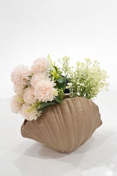 CrossWell Krem Rengi Seramik Midye Vazo - Dekoratif Deniz Kabuğu Tasarım