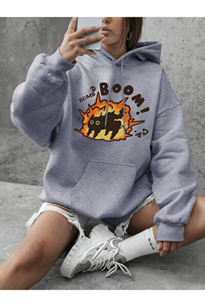 NOISSEY بلوزات Boom Cat Cartoon مطبوع بغطاء رأس للنساء للشتاء P صوف الفليس سو...