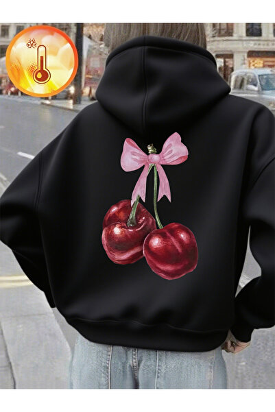 NOISSEY تي شيرت نسائي مريح وفضفاض بطبعة الكرز الأحمر والوردي بغطاء رأس لار، س...