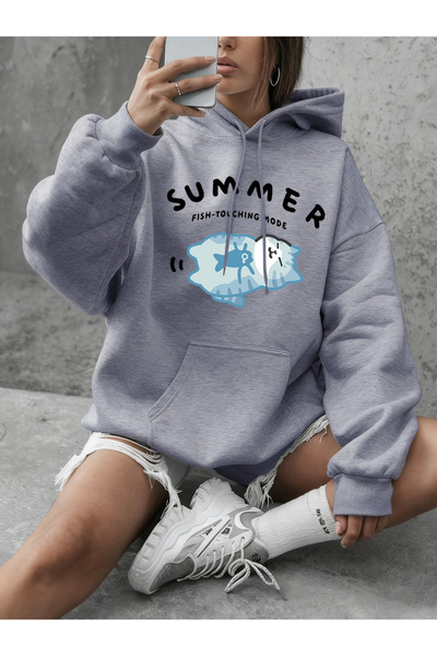 NOISSEY بلوفرات نسائية من Fish Touch Mode Cat مطبوع بغطاء رأس للشتاء صوف الفل...