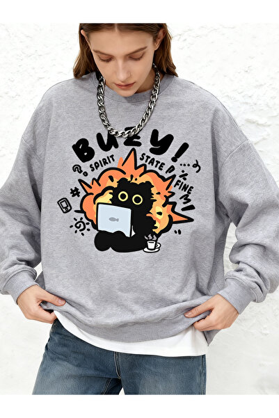 NOISSEY Busy Spirit State pisică cu imprimeu Hanorac casual pentru femei cu m...