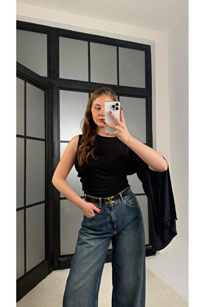 manana fashion One-Shoulder Cape Sheer Bluz-1591