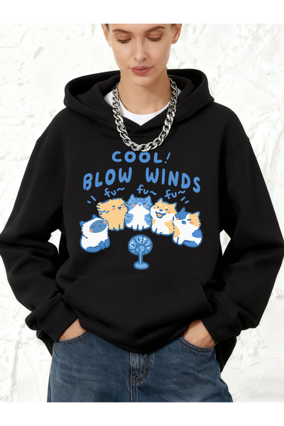 NOISSEY Cool Blow Winds pisică Prints bumbac cu glugă Tricou cu buzunar pentr...