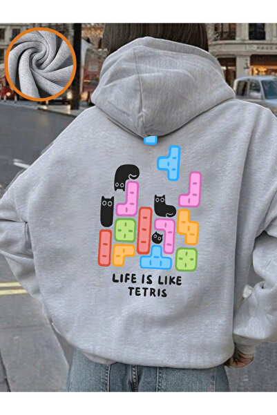 NOISSEY Life Is Like Tetris cu imprimeu cu glugă pentru femei, iarnă, polar h...