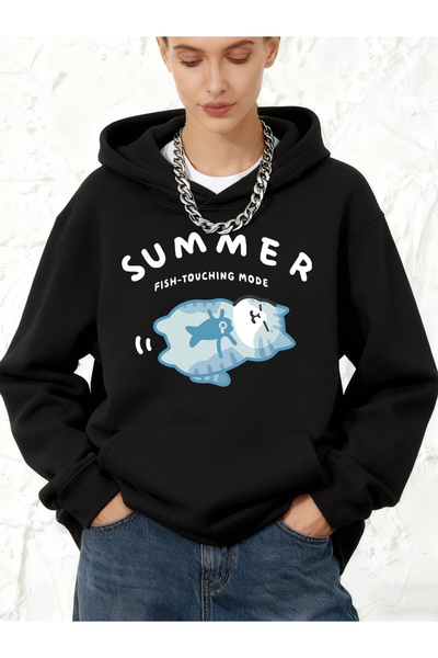 NOISSEY بلوفر Fish Touch Mod Cat مطبوع بغطاء رأس للسيدات قطن قطعة للشتاء صوف ...