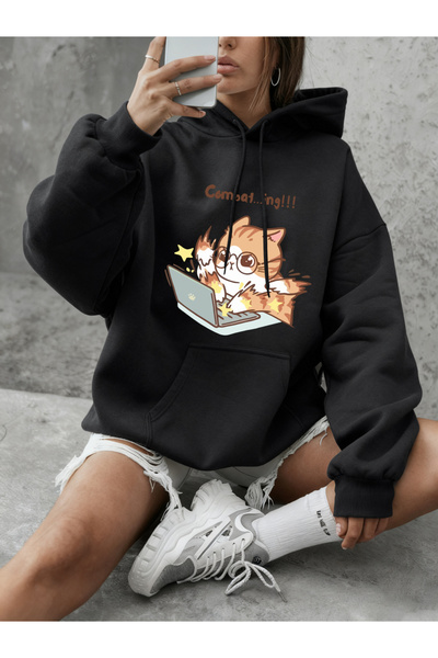 NOISSEY Crazy Writing Cat Cartoon με τύπωμα Φούτερ για Γυναικεία Βασική στρογ...