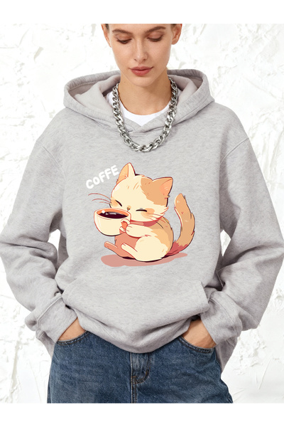 NOISSEY pisică Coffee Drinking B cu imprimeu P bumbac u K cu glugă Topuri pen...