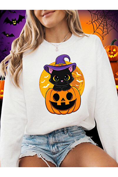 NOISSEY تي شيرت نسائي بطباعة قطة لطيفة وقرع للهالوين لشتاء صوف الفليس هودي دا...