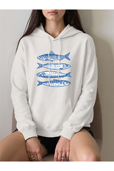 NOISSEY هوديز نسائية بطباعة أزرق السردين، سترة فضفاضة مريحة، سترة بجيب كاجوال...