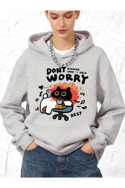 NOISSEY Nu-ți face griji pisică cu imprimeu cu glugă lar bumbac lu Pulover sp...