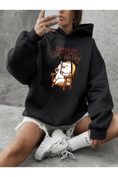 NOISSEY Cat Widay Coffee Happy Cats cu imprimeu cu glugă Top casual largi pen...