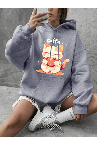 NOISSEY تي شيرت نسائي فضفاض يومي مطبوع عليه قطة لطيفة تشرب القهوة K بغطاء رأس...