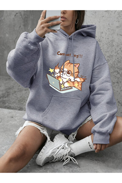 NOISSEY Crazy Writing Cat Cartoon με τύπωμα Φούτερ για Γυναικεία Βασική στρογ...