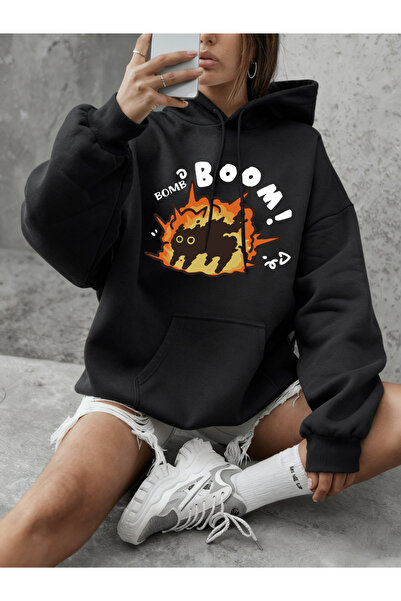 NOISSEY بلوزات Boom Cat Cartoon مطبوع بغطاء رأس للنساء للشتاء P صوف الفليس سو...