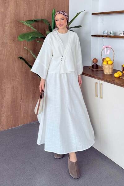 Şulemoda Giyim Linen Skirted Buttoned Suit White