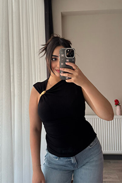 Siner Fashion Γυναικεία Χρυσή Με λεπτομέρεια αγκράφας Μαύρη Μπλούζα Βαμβάκι τ...