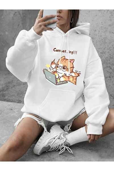 NOISSEY Crazy Writing Cat Cartoon με τύπωμα Φούτερ για Γυναικεία Βασική στρογ...