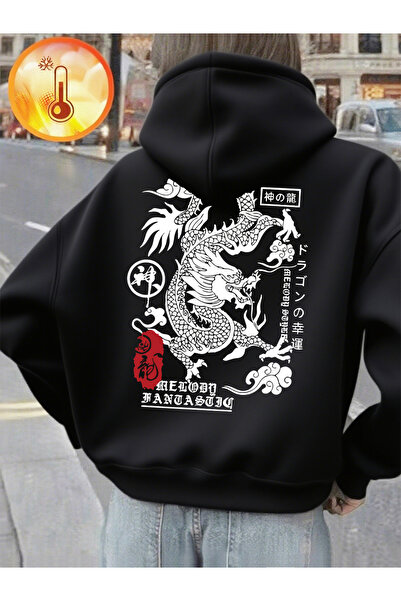 NOISSEY Κινέζικο Dragon Print με κουκούλα Άνετα Φαρδιά Φούτερ Χειμώνας Φλις Ζ...