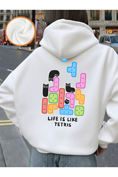 NOISSEY Life Is Like Tetris cu imprimeu cu glugă pentru femei, iarnă, polar h...