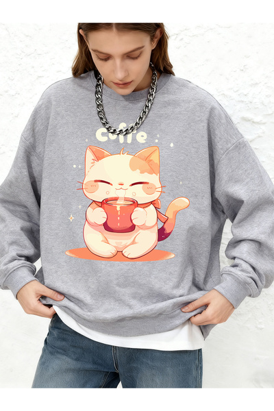 NOISSEY Cute Cat Drinking Coffee Prints T-Shirt Autumn J Jogger Pants Hot K H...