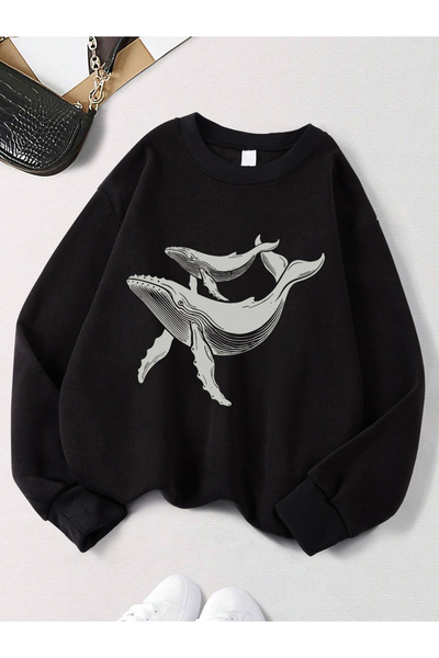 NOISSEY تي شيرت بطبعات الحيتان المقوسة صوف الفليس سترة رياضية دافئة بياقة دائ...