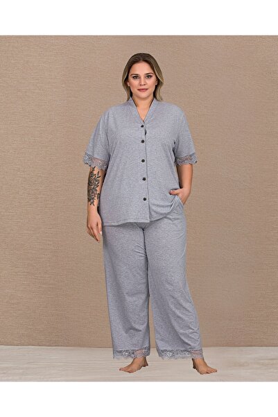 Viselya Buttoned short sleeve Lace detailed plus size pajama set