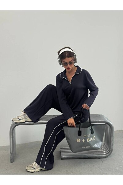 DAME Women's Long Sleeve Polo Collar Striped Modal Tracksuit Set