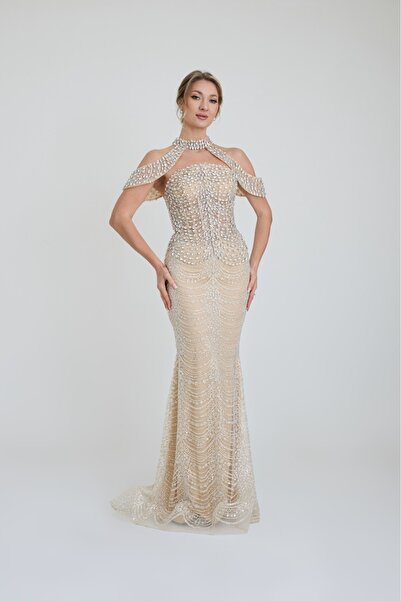 ROJBEY KADIN ABİYE STRAPLEZ TAŞ VE SAÇAK DETAYLI UZUN ELBİSE