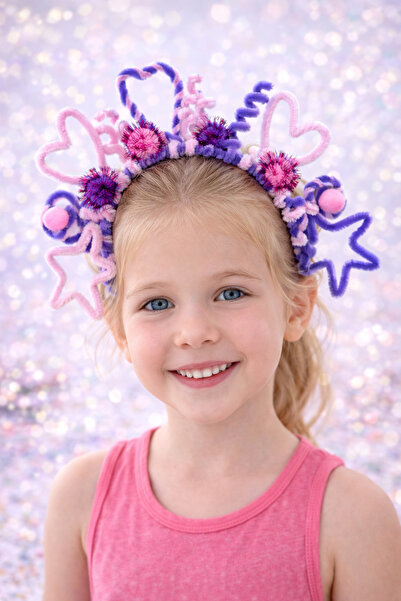 Dpartstore Özel Tasarım Kalpli Yıldızlı Tüylü Kız Çocuk Taç (El Yapımı)