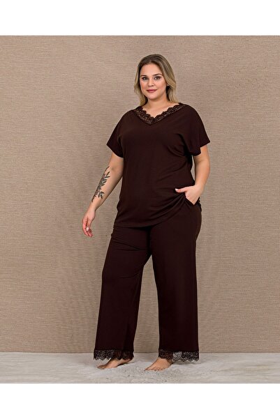 Viselya Short Sleeve Lace Detailed Plus Size Pajama Set