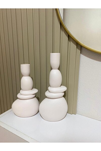 Tuge Home Taş Mumluk 2’Li Seramik Vazo -Kırık Beyaz