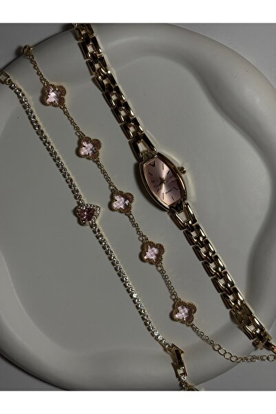 Mihristore Pembe Yonca Çelik Bileklik Ve Saat Seti Pinterest Takı Set Kombin ...