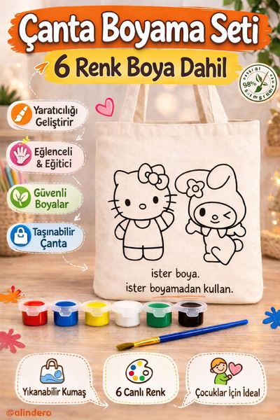 Alindero HAZIR GÖRSEL Bez çanta çocuk boyama çantası HELLO KİTTY MELODY tote ...