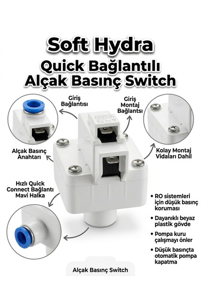 Softhydra Alçak Basınç Switchi - Su Arıtma Motor Koruma Şalteri 1/4" Quick Co...
