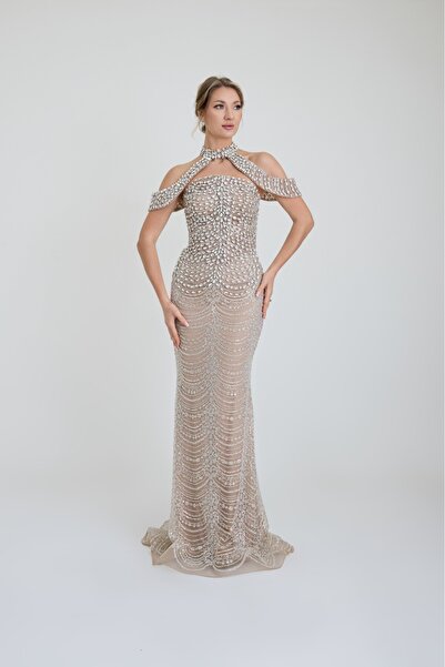 ROJBEY KADIN ABİYE STRAPLEZ TAŞ VE SAÇAK DETAYLI UZUN ELBİSE