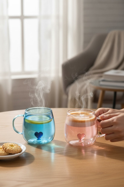 DükkanDa Heart-Shaped Glass Mug – Transparent Glass Coffee Cup Tea Cup Decora...