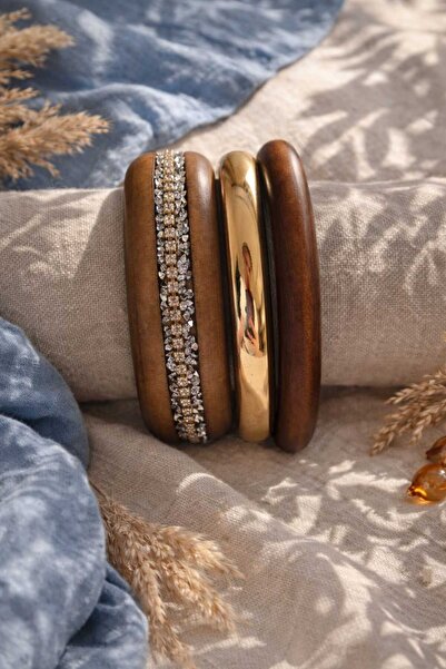 Mope Accessories Bangle Vintage Bohem Stil 3’lü Kadın Bileklik Seti – Ahşap T...