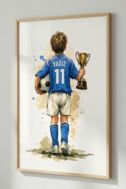 KİDEWO Kişiye Özel İsimli Futbol Çocuk Odası Posteri Ahşap Çerçeveli Duvar Ta...