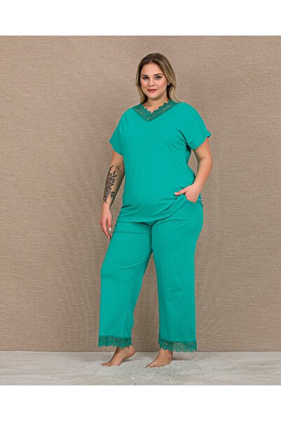Viselya Short Sleeve Lace Detailed Plus Size Pajama Set
