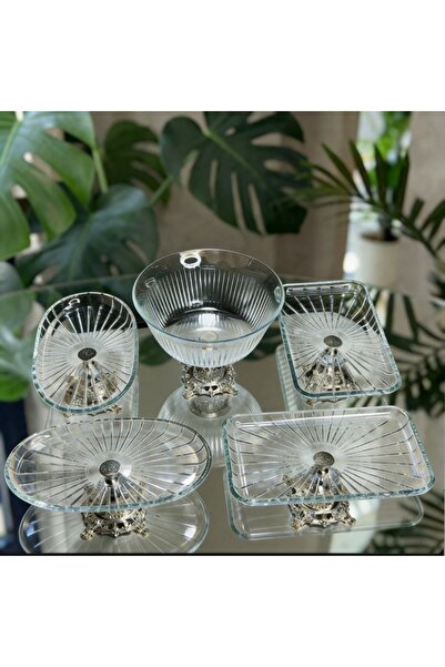 ÇNR Home Collection Vintage 5 Parça Gümüş Kristal Sunum Seti - Kase, Ayaklı T...