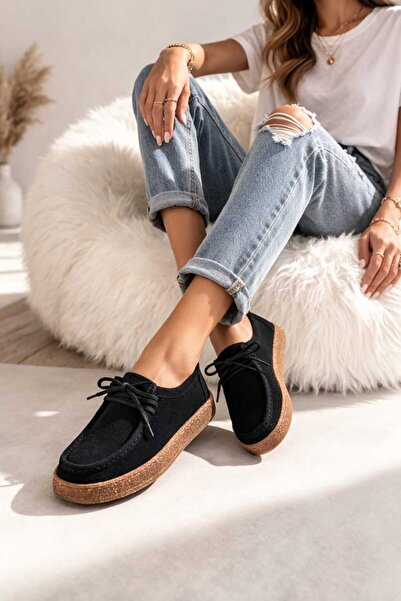 Melinta Shoes ميلينتا بلاك جلد سويدي حذاء بنعل مطاطي حذاء نسائي كاجوال حذاء لوفر