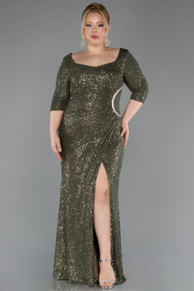 Abiyefon Haki Kapri Kol Uzun Pullu Büyük Beden Abiye ABU3258