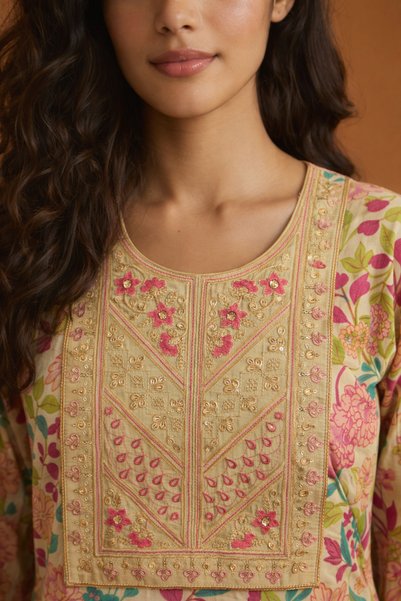 Mabrook Jalabiya 100% Cotton – Ladies A-Line Maxi – Yellow Base Light Pink Floral Botanical Embroidered Jalabiya