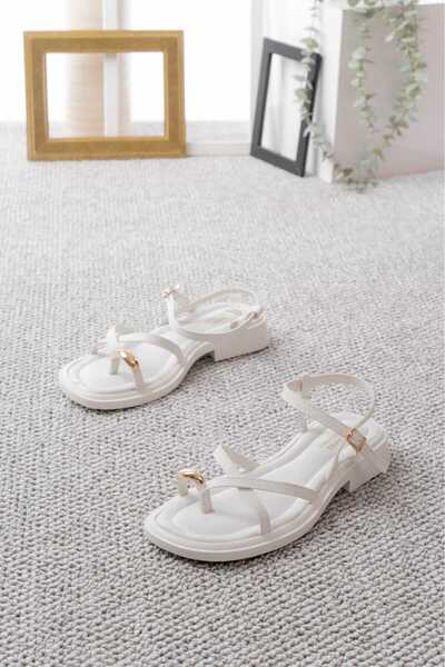 modalmila Women's White Ring Detailed Daily Ring Sandals